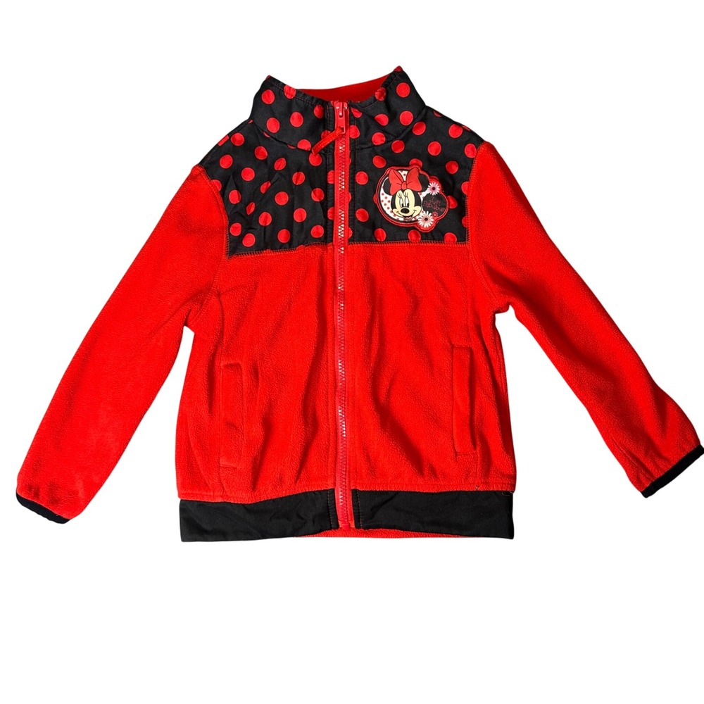 Disney Minnie Mouse Fleece Jacket Polka Dot Zip Up Toddler 4T Red Black Kidcore